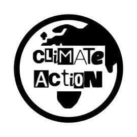 RHUL Climate Action logo, newspaper-style letters spelling out the name overlaid on a black and white Earth.