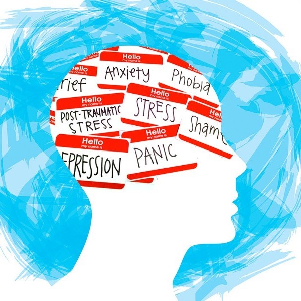 a head filled with tags saying anxiety, depression, panic, etc.